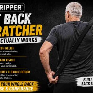 Alt Text: BackRipper™ back scratcher being used across the full back showing aggressive deep itch relief, flexible two-hand design, and full back scratching coverage.