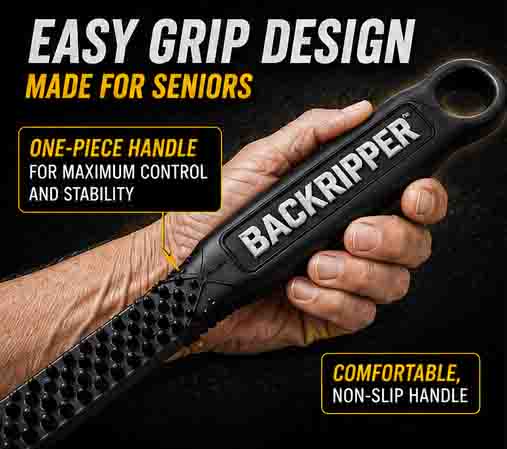 Easy grip back scratcher handle for seniors using BackRipper for hard-to-reach back itch relief
