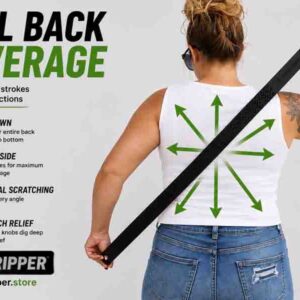Person using BackRipper™ Backscratcher diagonally across the back with arrows showing full back coverage and deep itch relief