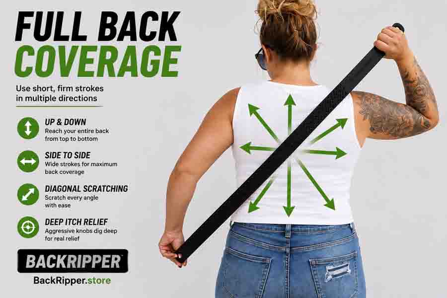 Person using BackRipper™ Backscratcher diagonally across the back with arrows showing full back coverage and deep itch relief