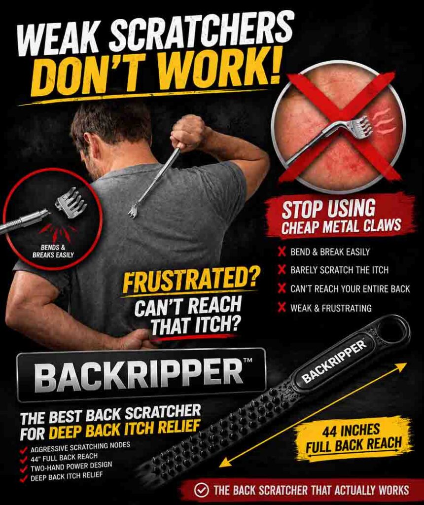 BackRipper™ aggressive two-hand back scratcher compared to weak extendable metal claws for the best deep back itch relief and full-back reach