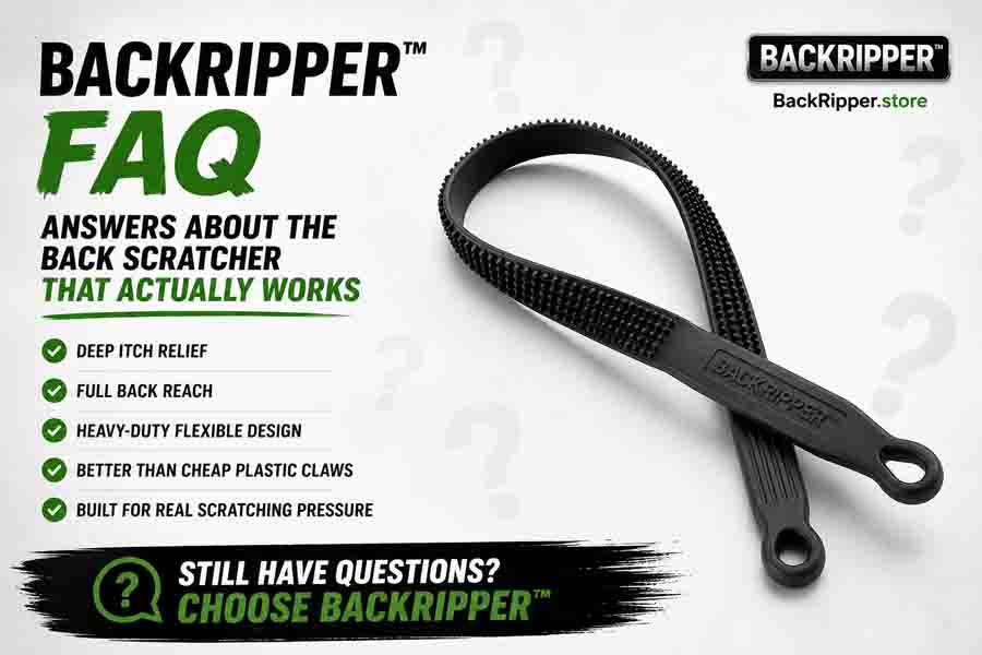 BackRipper™ FAQ hero image showing the heavy-duty flexible back scratcher designed for deep itch relief and full back coverage