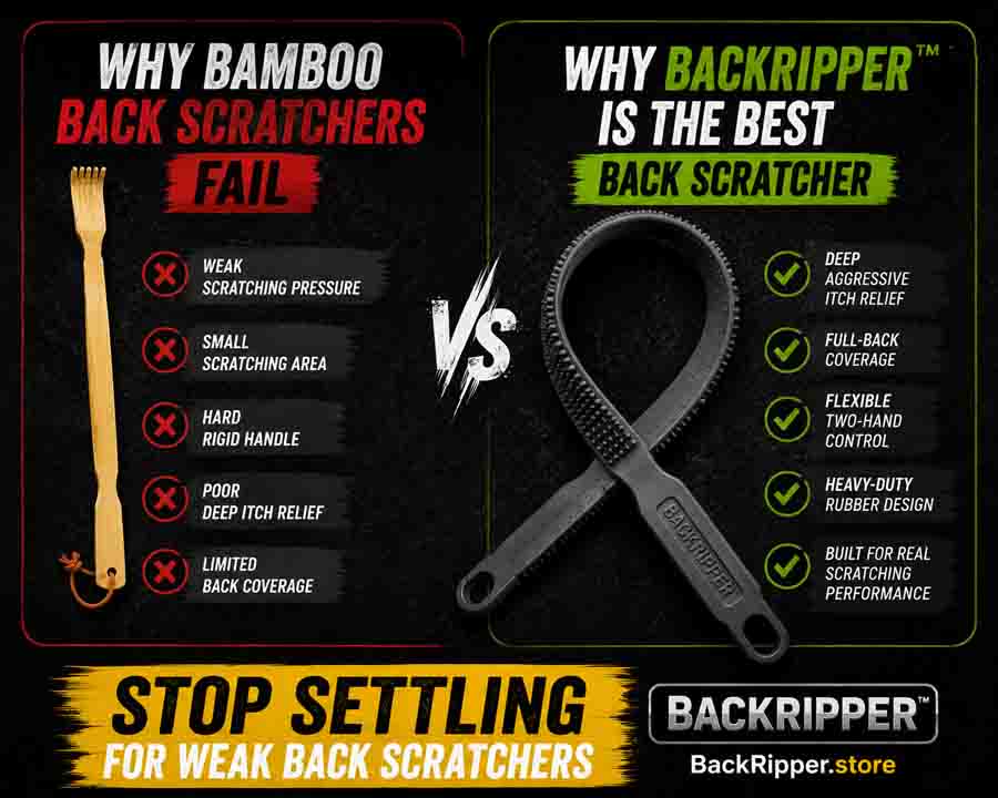 BackRipper™ compared to a bamboo back scratcher showing why BackRipper™ is the best back scratcher that actually works for deep itch relief and full-back coverage.