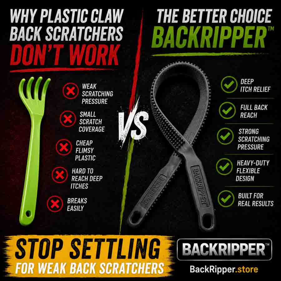 BackRipper vs plastic claw back scratcher comparison showing why BackRipper is the best back scratcher that actually works for deep itch relief