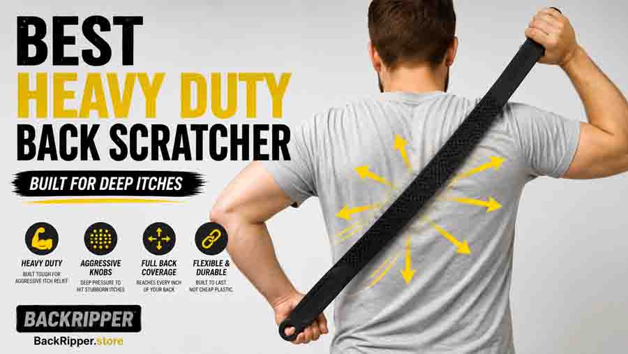 BackRipper™ Backscratcher shown as a heavy duty two-hand back scratcher for deep itches and full-back coverage