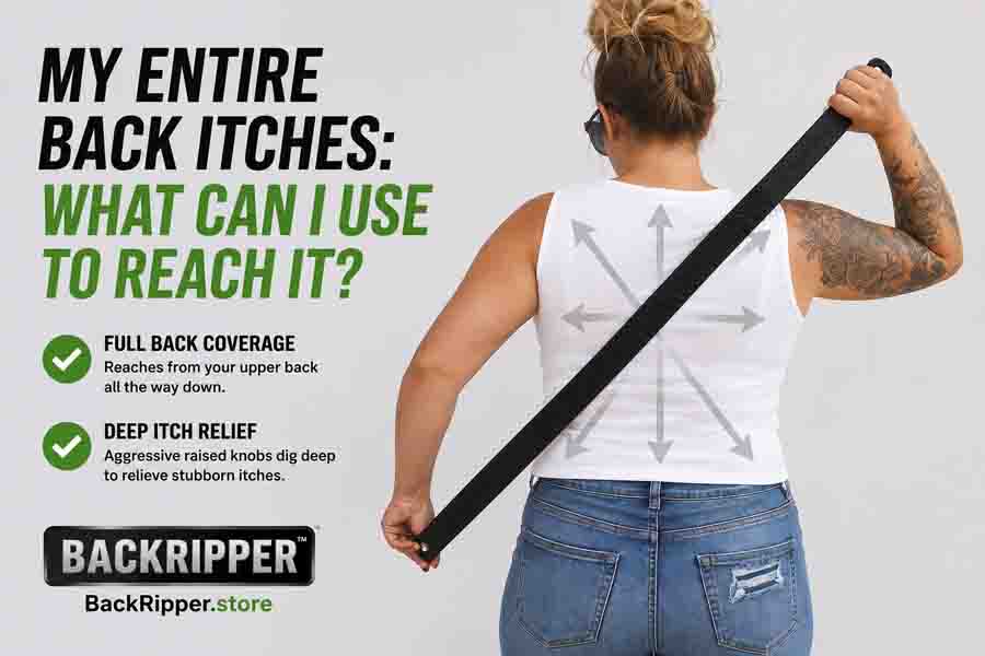 Person using BackRipper™ Backscratcher diagonally across the full back for deep itch relief and hard-to-reach back scratching
