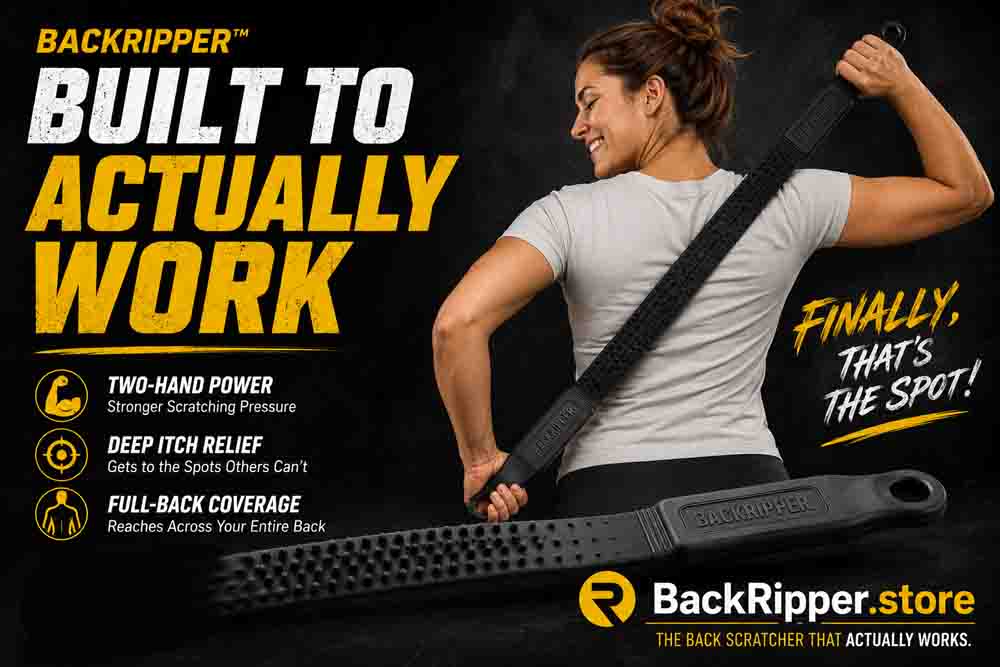 BackRipper back scratcher showing a person using the best flexible two-handed back scratcher for deep itch relief on a dark background