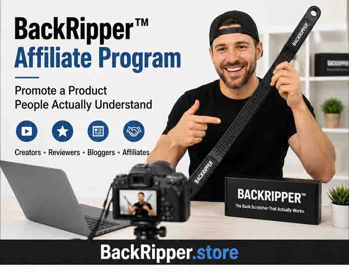 BackRipper™ Affiliate Program image showing a creator holding the BackRipper™ Backscratcher while promoting a product people can understand
