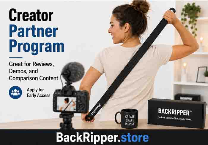 BackRipper™ Creator Partner Program image showing a creator filming a product review with the BackRipper™ Backscratcher