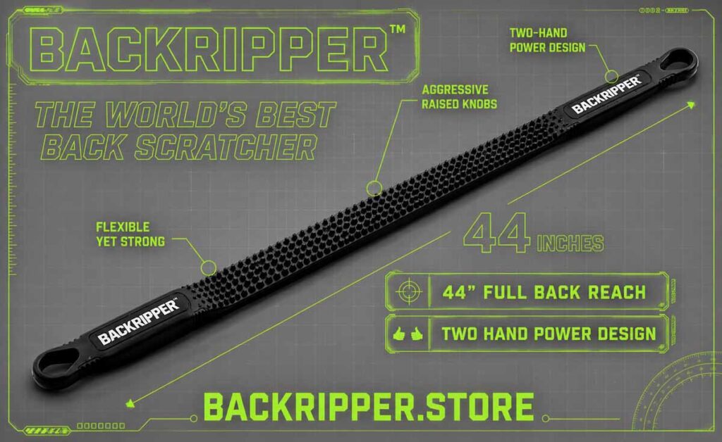 BackRipper™ Backscratcher engineering-style product image showing 44-inch full-back reach, aggressive raised knobs, flexible strap, and two-hand power design.