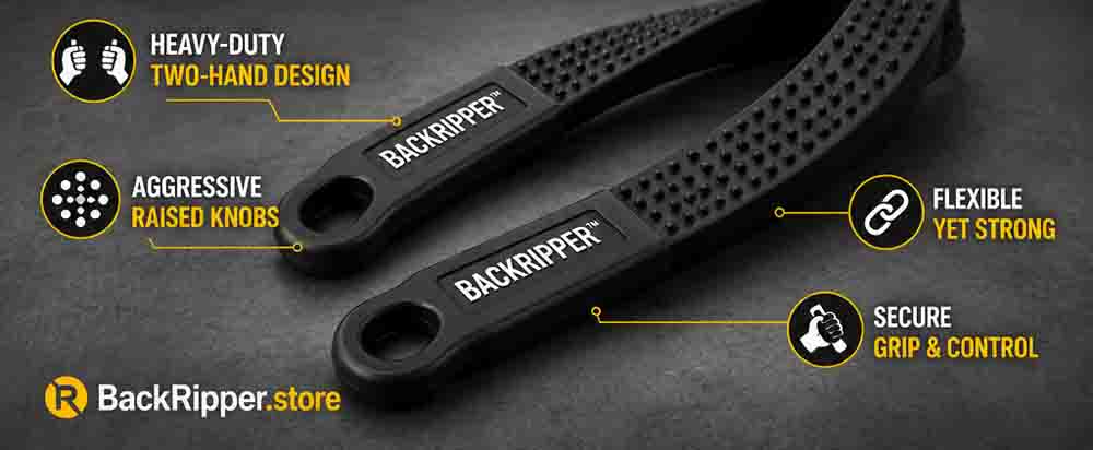 Close-up BackRipper™ Backscratcher image showing heavy-duty two-hand design, aggressive raised knobs, flexible strap, and secure grip control
