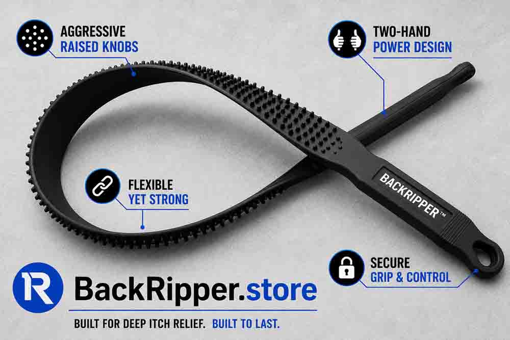 BackRipper™ Backscratcher product detail image showing raised knobs, flexible two-hand design, secure grip handles, thumb holes, and full-back reach for deep itch relief.