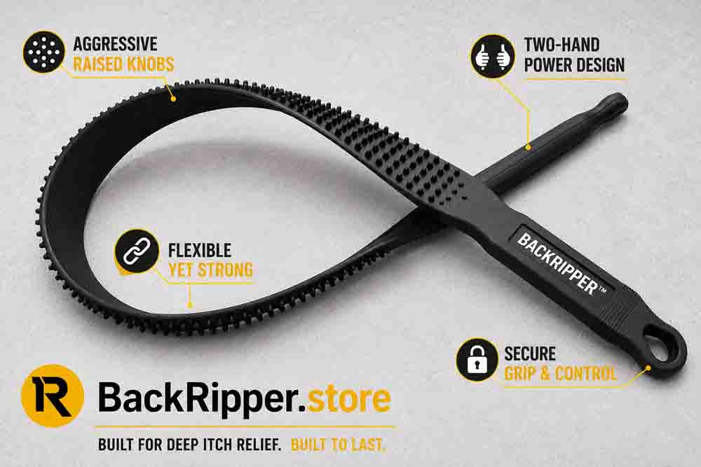 BackRipper™ Backscratcher product detail image showing aggressive raised knobs, flexible strap, two-hand power design, secure grip handle, and full-back itch relief features
