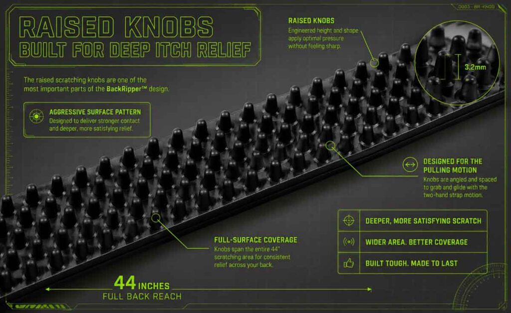 BackRipper™ Backscratcher engineering-style close-up showing raised knobs built for deep itch relief, stronger scratching pressure, and full-back coverage.