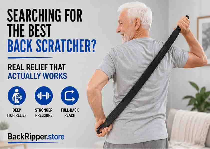 Elderly man using BackRipper™ Backscratcher for deep itch relief, stronger pressure, and full-back reach while comparing the best back scratcher options.