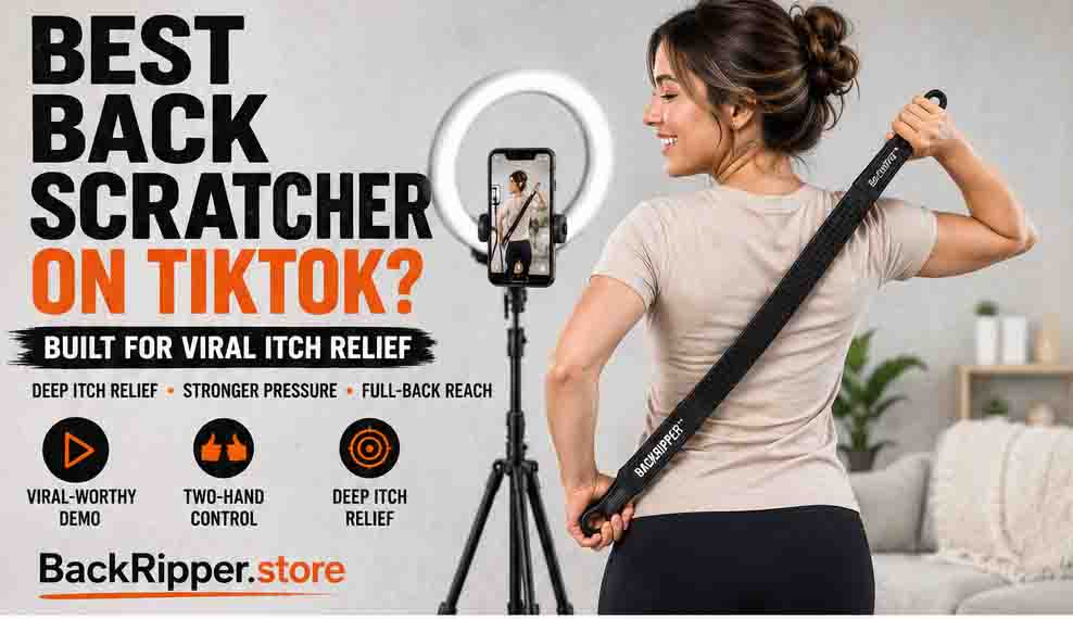 Woman filming a TikTok-style video while using BackRipper™ Backscratcher for deep itch relief, stronger pressure, and full-back reach.