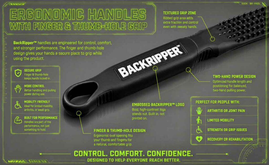 BackRipper™ Backscratcher engineering-style handle close-up showing ergonomic finger and thumb-hole grips designed for better control, comfort, and deep itch relief.