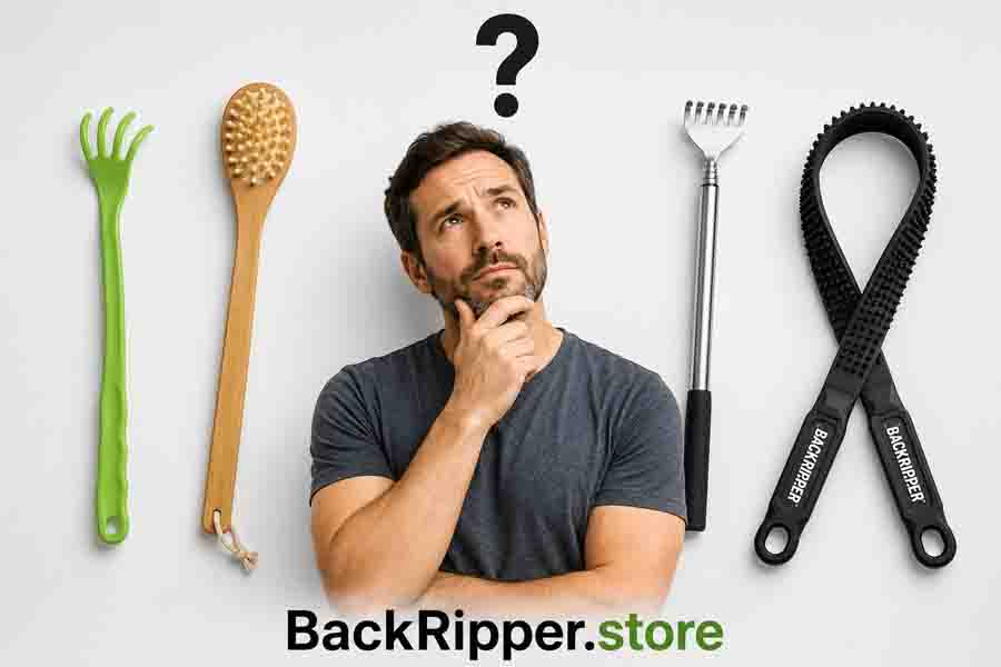 Comparison image showing different types of back scratchers including plastic claw, brush-style, telescoping, and flexible two-hand strap back scratchers
