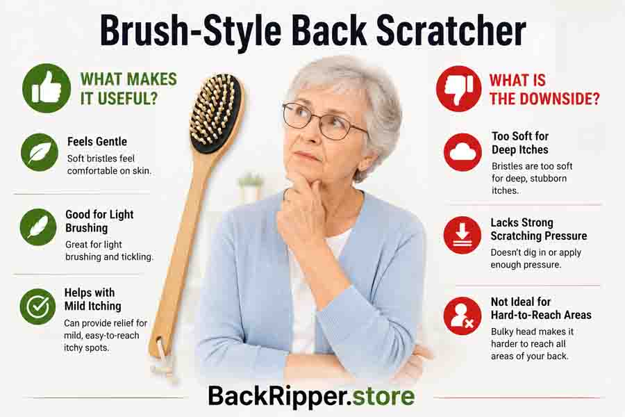 Brush-style back scratcher pros and cons comparison image showing an elderly woman deciding whether a brush-style back scratcher is useful or has downsides