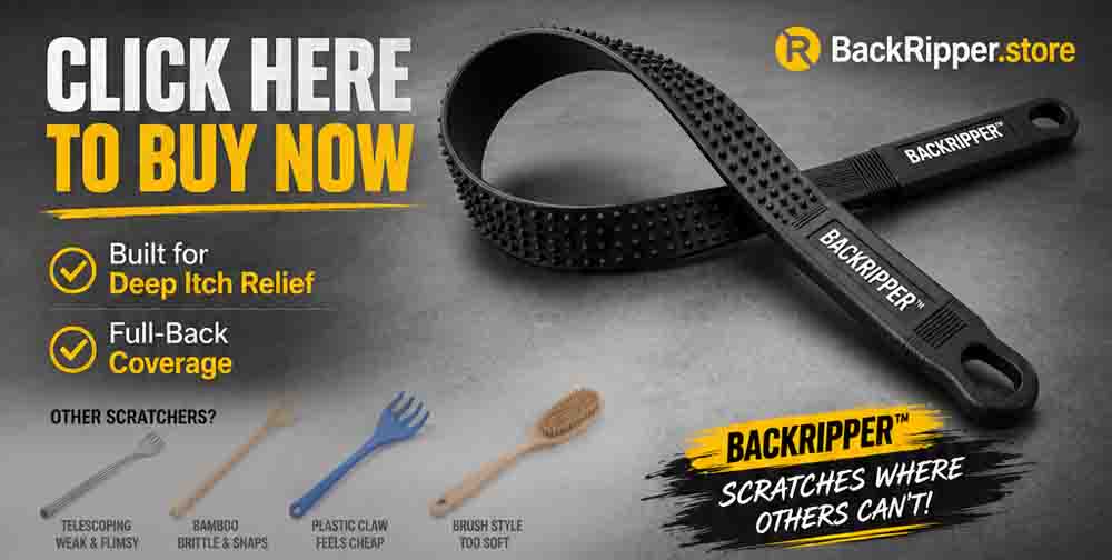 BackRipper™ Backscratcher product image with click here to buy now text, highlighting deep itch relief and full-back coverage