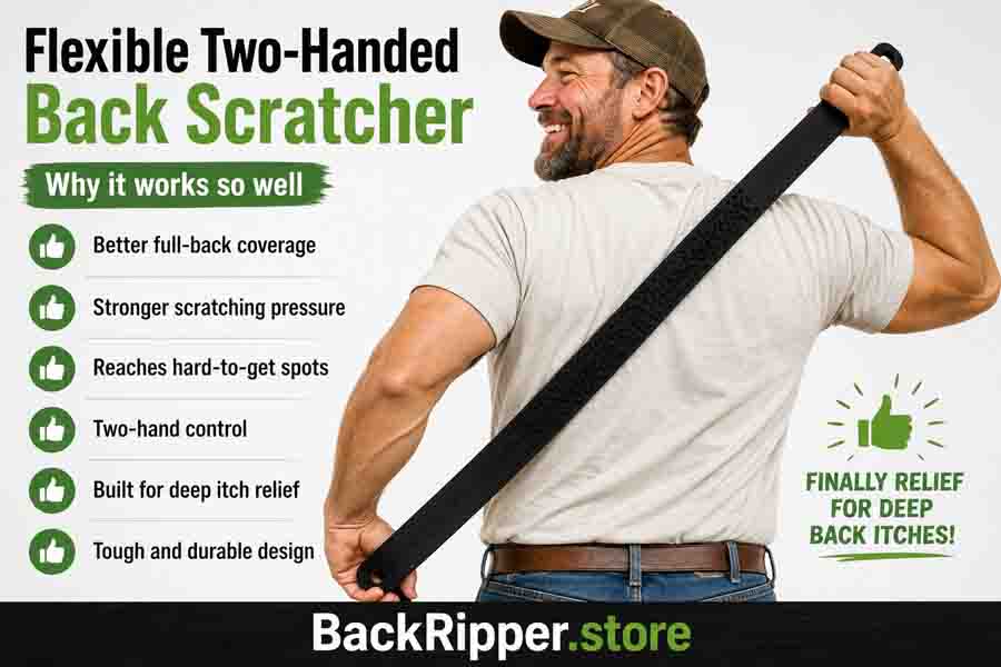Blue-collar man using BackRipper™ Backscratcher as a flexible two-hand back scratcher for deep itch relief and full-back coverage
