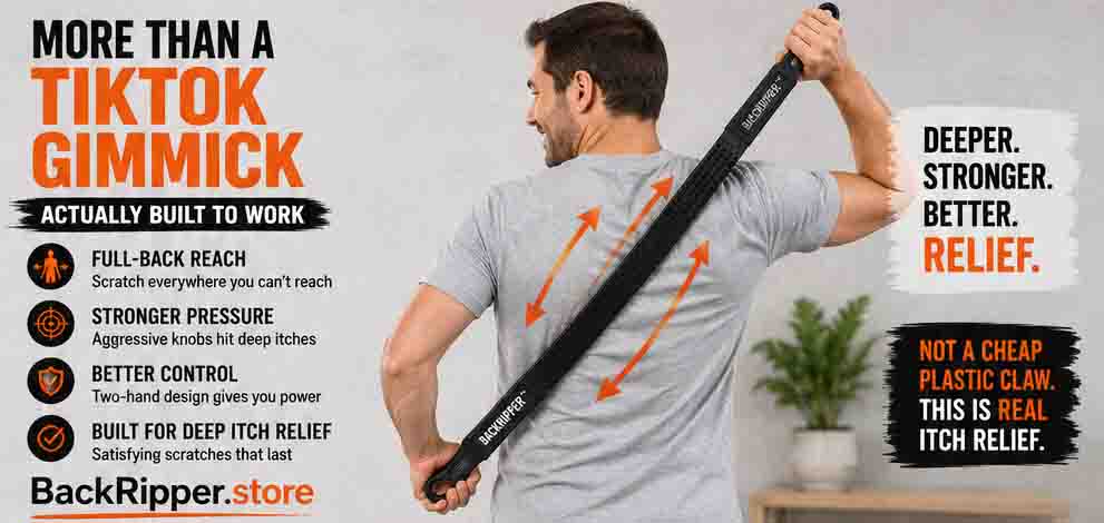 Man using BackRipper™ Backscratcher for full-back reach, stronger pressure, and deep itch relief in a TikTok