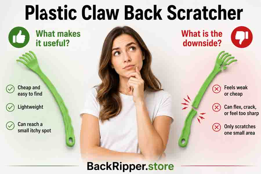 Plastic claw back scratcher pros and cons comparison image showing a woman deciding if a plastic claw back scratcher is useful or has downsides
