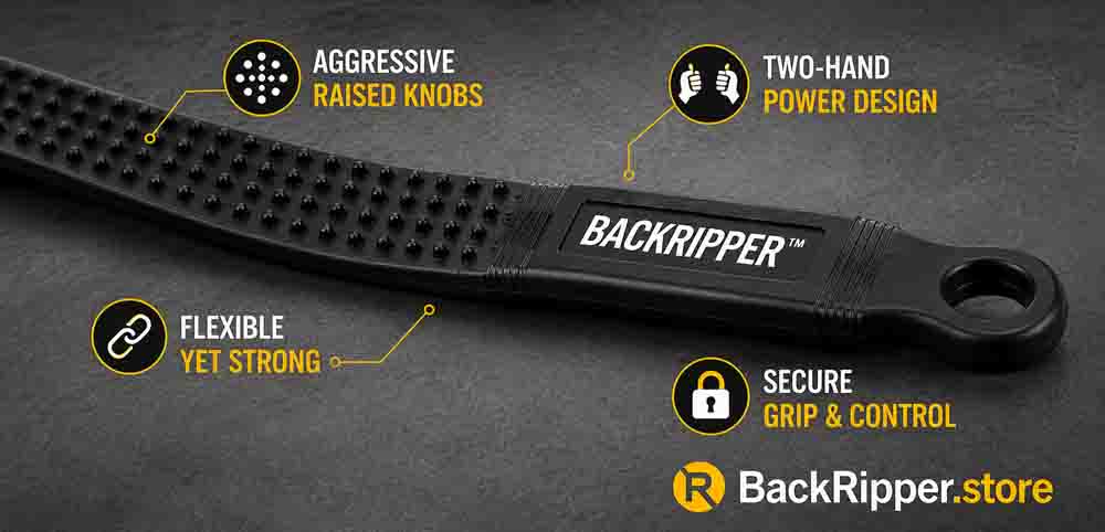 Close-up BackRipper™ Backscratcher is not the sharpest backscratcher, the two-hand power design, flexible strap, and secure grip control simply makes it the Best Back Scratcher!