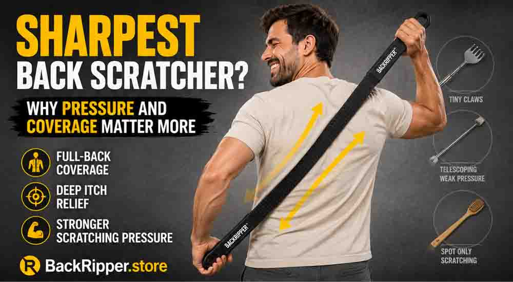 Person using BackRipper™ Backscratcher for full-back coverage and deep itch relief while comparing sharp back scratchers and small claw-style scratchers