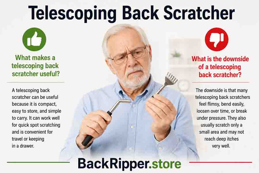 Telescoping back scratcher pros and cons comparison image showing an elderly man frustrated after a telescoping back scratcher broke