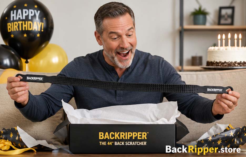 Dad opening a BackRipper back scratcher as a birthday gift for the man who has everything