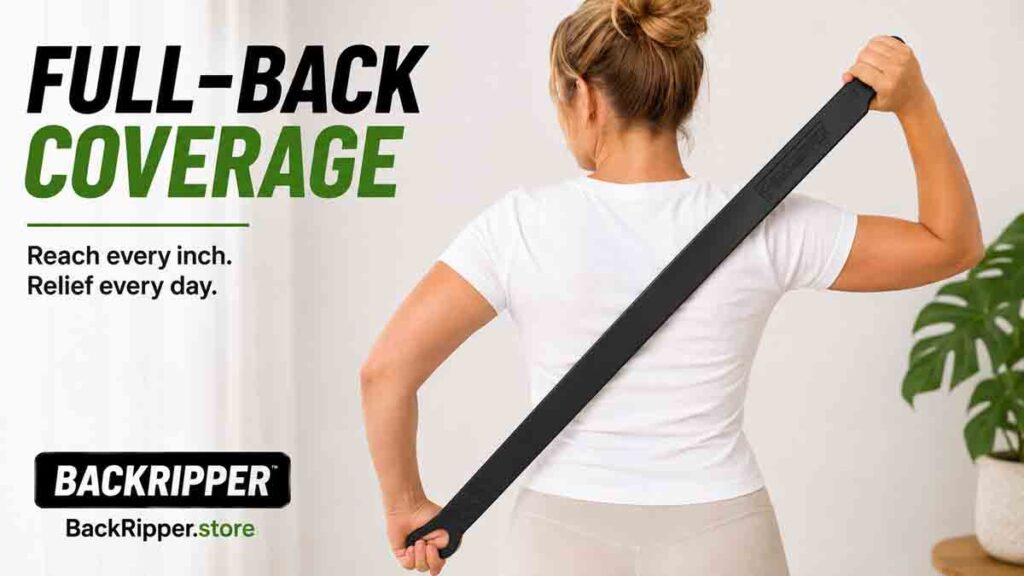 Woman using BackRipper back scratcher strap diagonally across her back for full-back coverage