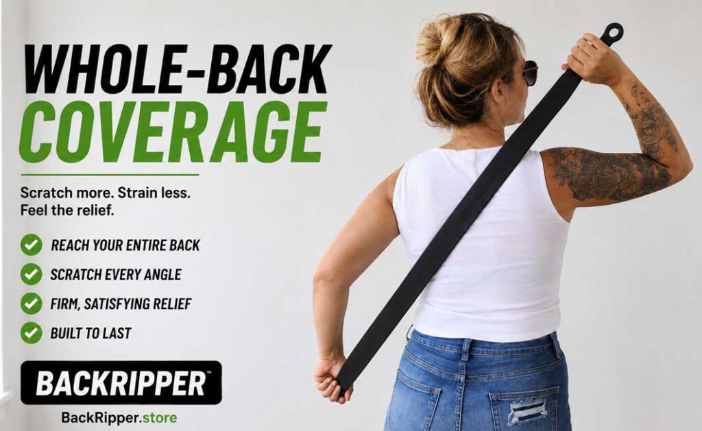 BackRipper back scratching strap for hard to reach areas with whole-back coverage shown in diagonal use across the back