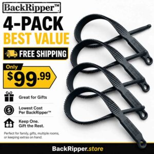 BackRipper 4-Pack Best Value promotional image showing four BackRipper back scratchers with Free Shipping, Only $99.99, Great for Gifts, Lowest Cost Per BackRipper, and Keep One Gift the Rest