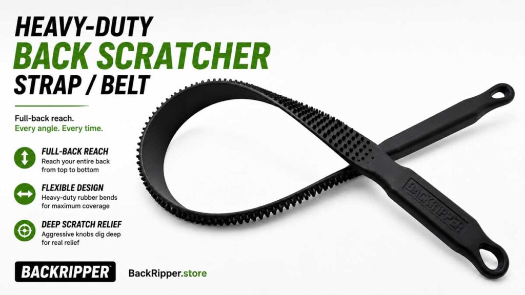 Heavy-duty BackRipper back scratcher strap and belt with flexible full-back reach and raised scratching knobs