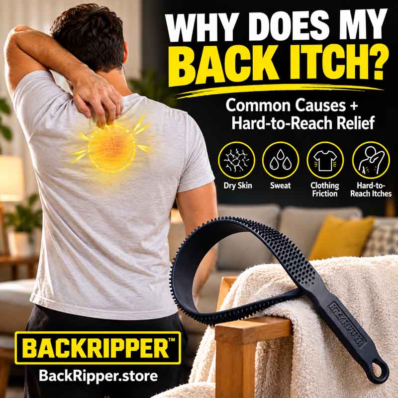 Why does my back itch? Person struggling to reach an itchy spot on the middle of the back with BackRipper nearby for relief.