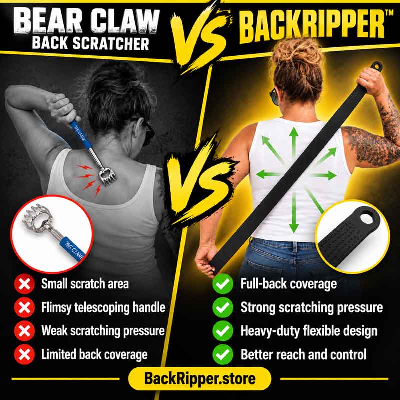 Back scratcher bear claw vs BackRipper comparison showing telescoping claw design beside heavy-duty flexible BackRipper.
