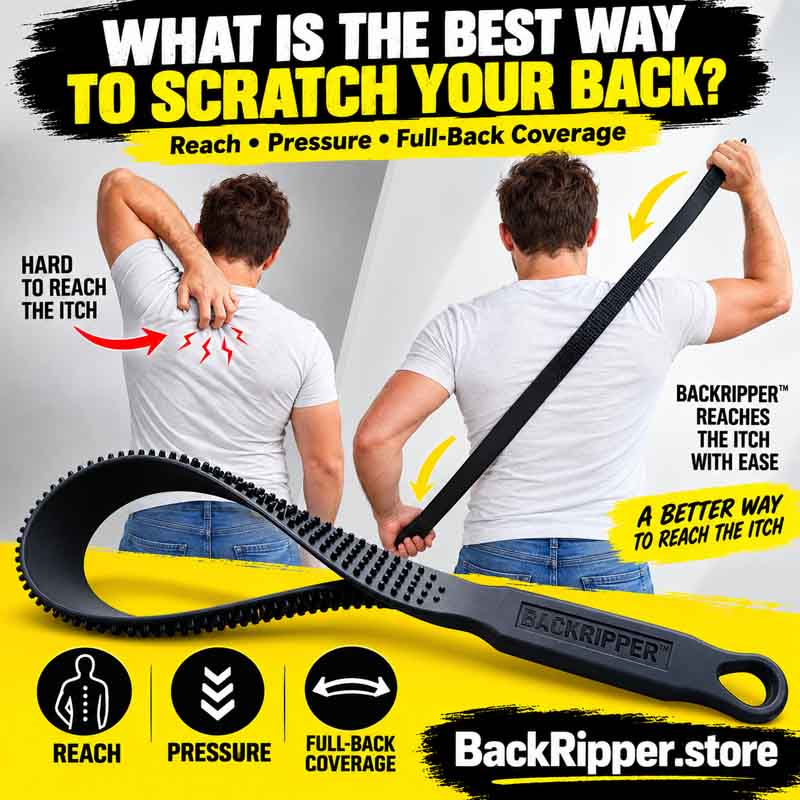What is the best way to scratch your back? BackRipper two-hand back scratching strap shown reaching a hard-to-reach itch.